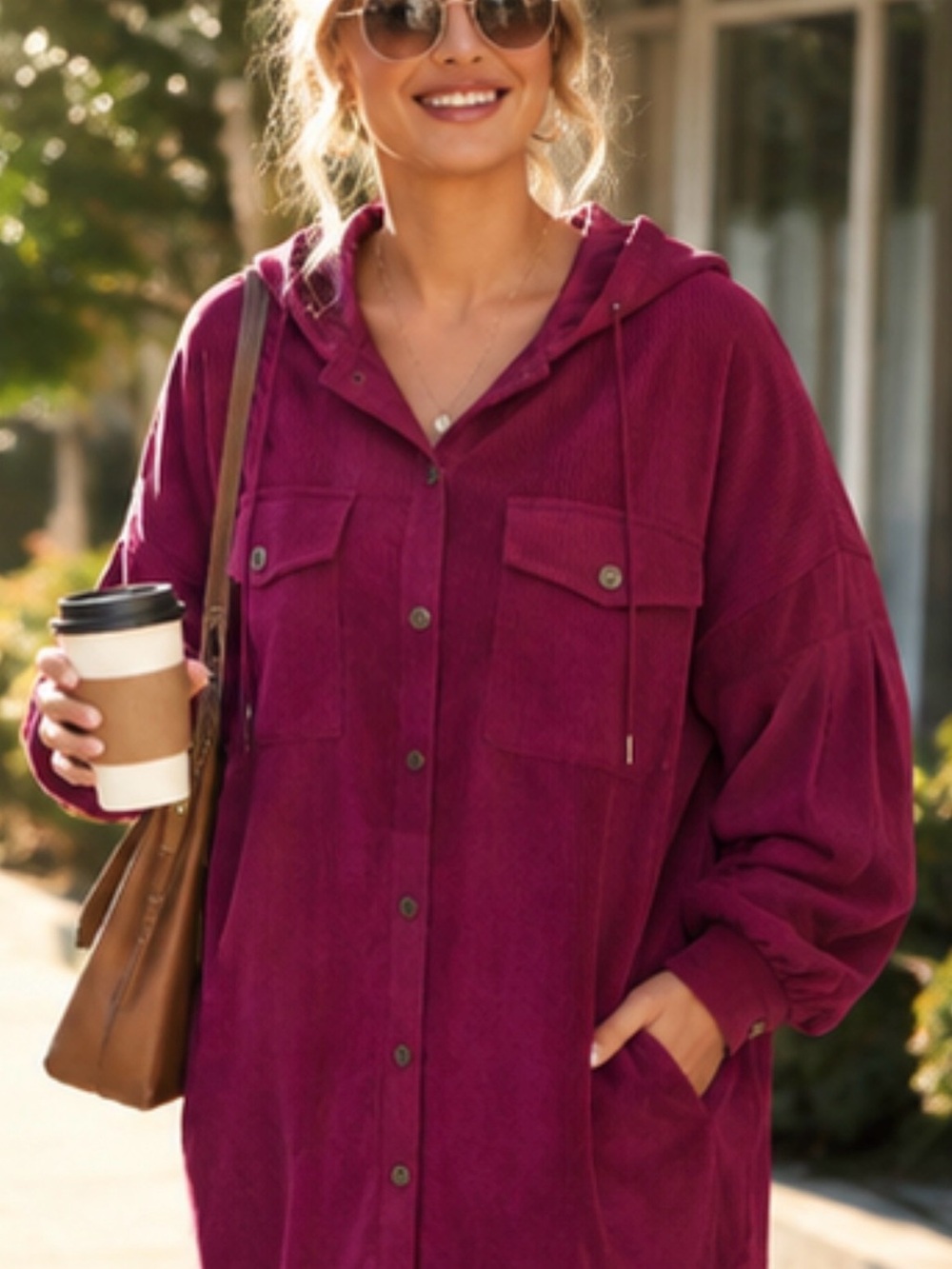 Halara Hooded Drawstring Corduroy Casual Jacket w Pockets, Burgundy XL